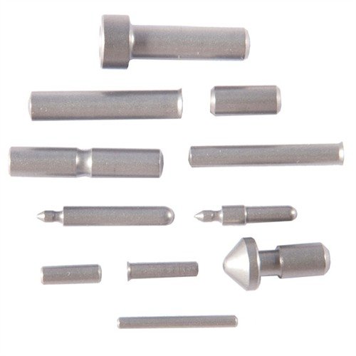 Kompletní sada 11 přesně broušených pinů a plunžerů pro renovaci nebo stavbu 1911, vysoce odolná proti opotřebení, dostupná v uhlíkové nebo nerezové oceli.