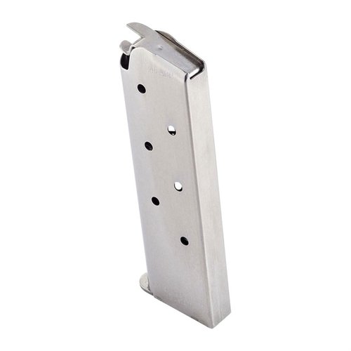 .45 ACP 1911 Classic Magazine with 7-round capacity, durable stainless steel, flush fit design, witness holes for round count, and extra power spring for reliability.