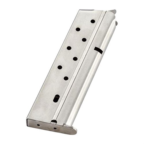 CMC Classic 10mm magazine for full-size 1911s offers 9-round capacity, durable stainless steel, flush fit design, and witness holes for easy round count.