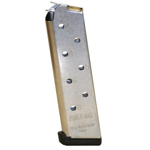 Chip McCormick's 1911 Power Magazines ensure no-fail performance with stainless steel construction, reliable feeding, and an 8-round capacity for .45 ACP.