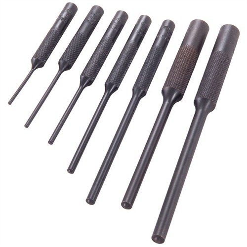 Brownells Roll Pin Punches offer durable solid steel construction, precise alignment with spherical tips, and knurled handles for secure grip, ensuring damage-free pin handling.