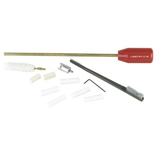 Dewey's Bolt Action Cleaning Kit effectively cleans hard-to-reach chambers and lugs, featuring a chamber mop, lug cleaning head, and a durable nylon brush.