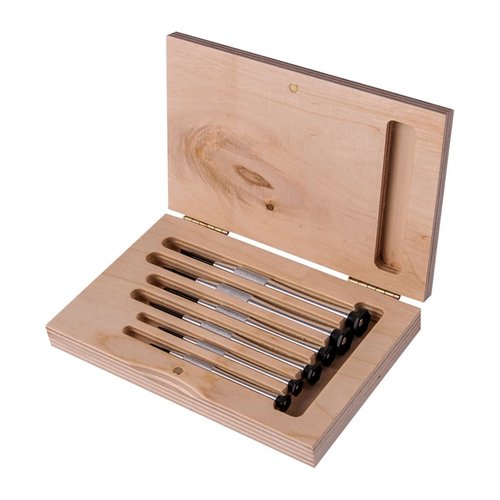 Set of precision screwdrivers in a hinged wooden case, featuring aluminum ribbed handles, tempered steel blades, and free-swiveling heads for optimal handling.
