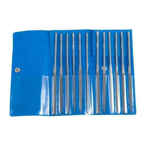 FRIEDR. DICK GMBH Professional Gunsmith Needle File Set offers 12 precision files with knurled handles for enhanced grip, housed in a durable storage roll.