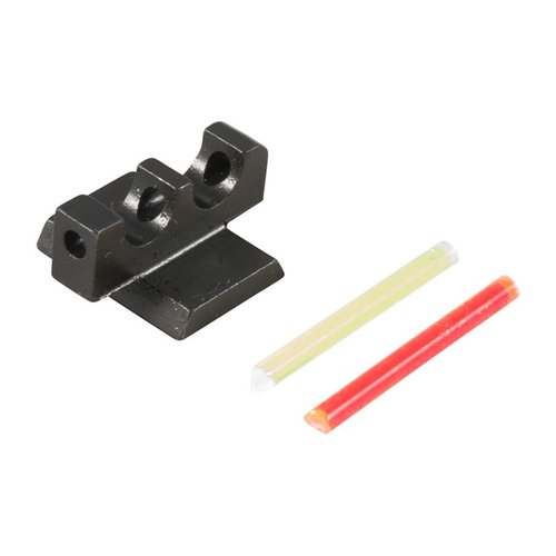 Interchangeable red or green fiber optic insert enhances visibility for faster shooting; open center improves light transmission, compatible with various rear sights.