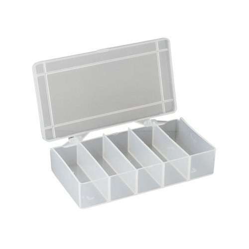Tough, clear polypropylene storage boxes with 5 compartments for easy identification; resistant to oils and solvents, ensuring durability for all your needs.