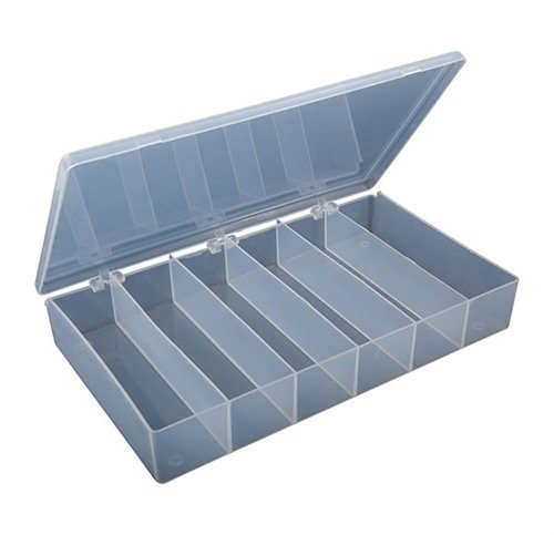 Tough, clear polypropylene storage bin with 6 compartments for easy identification; resists cracking, oils, and solvents for long-lasting use.