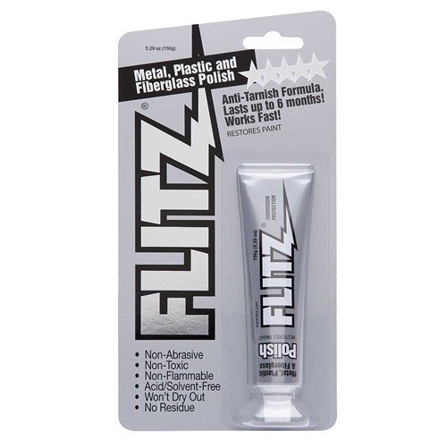 Flitz Polish is a non-abrasive formula that removes tarnish and rust while protecting finishes on metals and plastics for up to six months.
