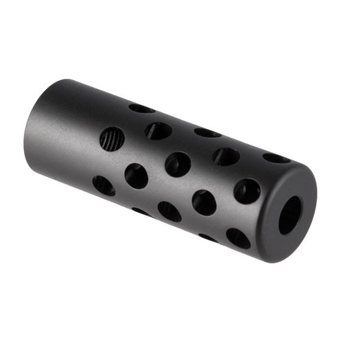 Gentry Custom Quiet Muzzle Brake 6.5mm effectively reduces recoil and muzzle jump, available in matte blue, polished blue, or stainless steel with 5/8-24 thread.