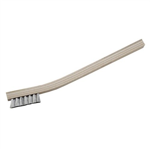GUNSMITH CARDING BRUSH offers a compact head for precise control, soft stainless steel bristles that protect blued finishes, and a durable hardwood handle.