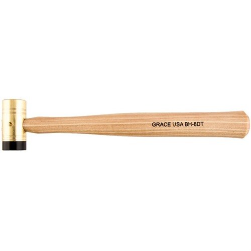 Grace USA Delrin-Tipped Brass Hammer features a dual-purpose head, premium brass construction, replaceable Delrin tip, and ergonomic hickory handle for precision and durability.