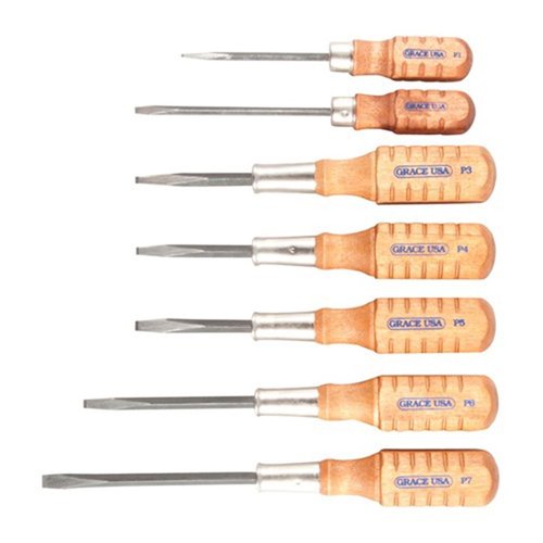 PISTOLSMITH SCREWDRIVER SET offers precision with pre-ground tips, a sturdy hardwood handle, and a range of sizes to fit Colt, S&W, and Ruger® screws.