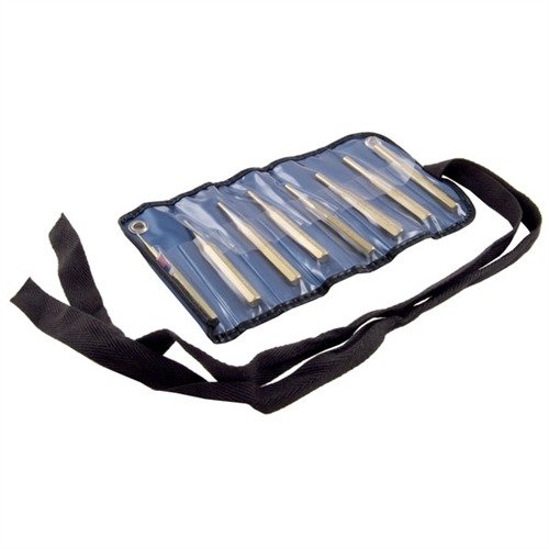 Precision-machined brass roll pin punches ensure non-marring performance and perfect fit for common pin sizes, ideal for gunsmithing and part fitting.