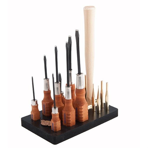 Grace USA's 17-Piece Tool Set offers precision screwdrivers, non-marring brass punches, an 8-ounce hammer, and a durable Neoprene bench block for efficient firearm maintenance.