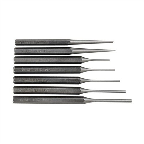 GRACE USA's 7 Pc Steel Punch Set offers precision, durability, and stability with high carbon steel, reverse taper design, and a handy storage pouch for gunsmithing.