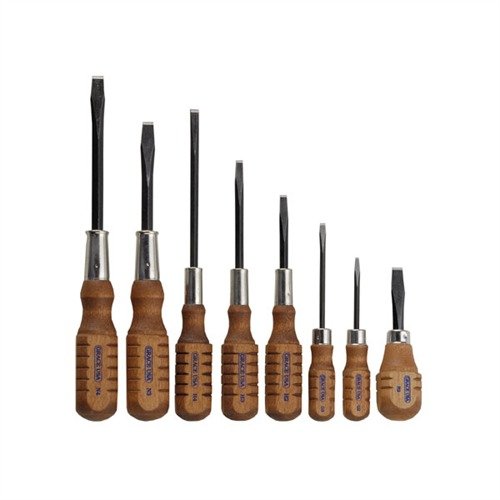 Grace USA Screwdriver Set features durable square shanks, hardened tips, and ergonomic hardwood handles, ensuring precision and comfort for gunsmithing tasks.