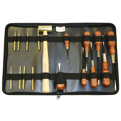 Complete 17-piece GUN CARE TOOL SET in a padded vinyl case, featuring screwdrivers, brass pin punches, and hammer for quick field repairs at the range or bench.
