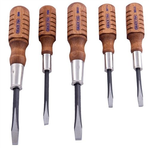 Complete Browning Screwdriver Set features pre-ground, parallel tipped screwdrivers with hardened tips and square hardwood handles, perfect for A-5 Shotgun maintenance.
