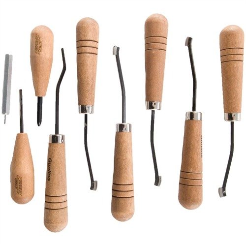 PREMIER CHECKERING SET from GUNLINE offers everything needed for precise checkering, featuring durable tools, detailed instructions, and compatibility with all Gunline handles.