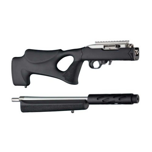 Hogue's RUGER 10/22 Takedown Thumbhole stock features OverMolded rubber for comfort, a tactical design for quick target acquisition, and durability against dirt and moisture.