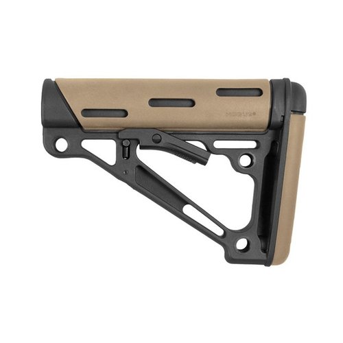 Hogue's OverMolded® collapsible buttstock offers reinforced polymer, rubber cheek rest, anti-rattle fit, and multiple mounting options for commercial buffer tubes.