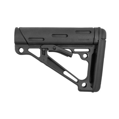 Hogue's OverMolded® collapsible buttstock offers a snug anti-rattle fit, rubber cheek rest, hybrid butt pad, and multiple sling mounting options for enhanced comfort and stability.