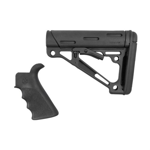 Hogue's AR-15 kit features a finger grooved beavertail grip for comfort and aesthetics, plus a collapsible buttstock for a snug, anti-rattle fit and multiple mounting options.