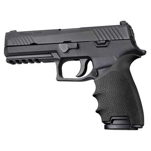 Hogue's HandALL grip sleeve enhances comfort and control on your SIG P320 with a secure fit, pebble texture, and recoil cushioning for improved shooting experience.