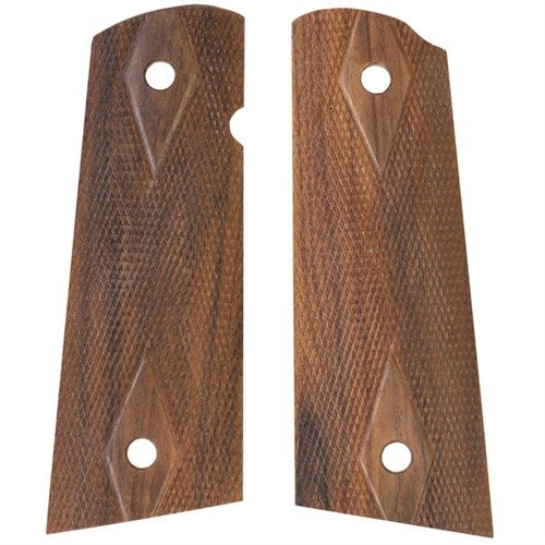 Extra-long, square bottom grips fit flush on 1911s with mag wells, enhancing comfort and recoil control with 18 lpi checkering for a secure grip.