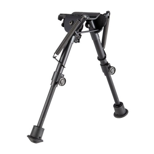 Harris self-leveling bipod adjusts quickly on uneven terrain, features rubber-capped feet, and height adjusts from 6 to 9 inches for stable shooting.
