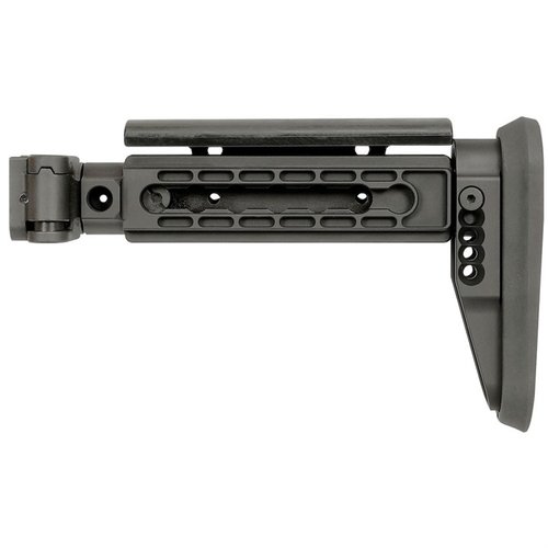 AK ALPHA Series Folding Stock offers adjustable cheek piece, heavy-duty side-folding mechanism, and compatibility with 1913 rail for versatile firearm use.