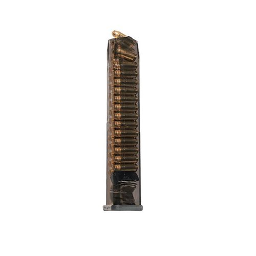 30-rd extended 10MM magazine for Glock® 20, 29, 40 features extreme impact resistance, easy disassembly, and a translucent body for ammo visibility.