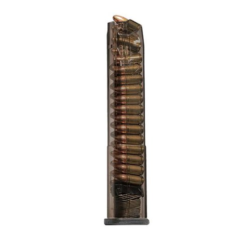 HECKLER & KOCH VP9 30-RD magazine offers extreme impact resistance, chemical durability, and a translucent body for ammo visibility, ensuring reliable performance.