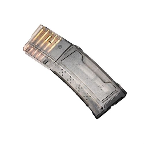 Strike AR-15 Magazine (10 rounds) features high-strength polymer, anti-tilt follower, AccuRamp design, and anti-slip grooves for reliable performance.