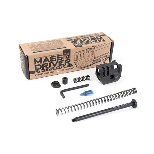 MASS DRIVER COMP for GLOCK 19 reduces recoil with no permanent modifications, fits flush with holsters, and is compatible with most aftermarket threaded barrels.