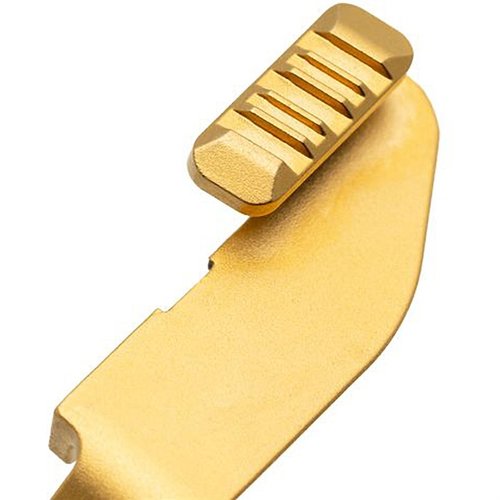Upgrade your Springfield Hellcat with Tyrant CNC's Extended Slide Release for enhanced usability, durability, and a sleek design in gold or black finishes.