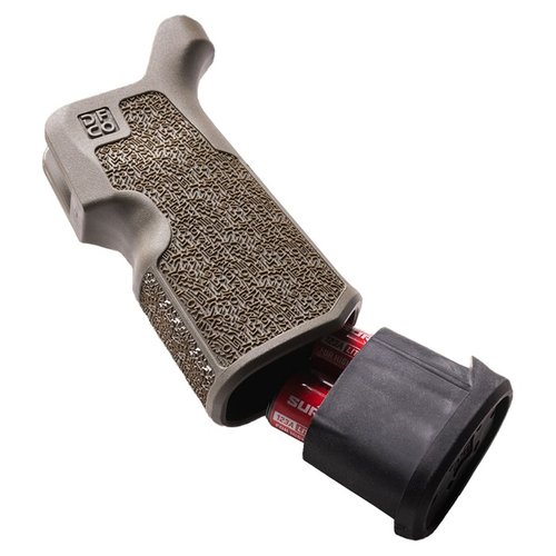 PLUG FOR KUNG FU GRIP enhances grip comfort, offers storage for batteries and tools, and is made of durable rubber with water drainage holes.