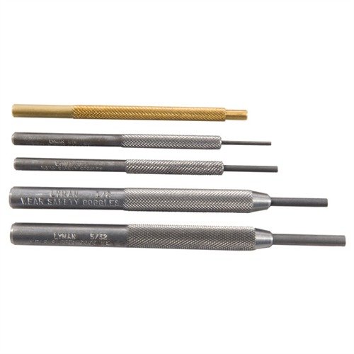 LYMAN PISTOL PUNCH SET features five precision-machined steel and brass punches for easy disassembly and reassembly, with knurled handles for a secure grip.