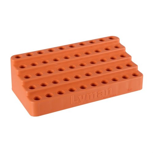 Lyman Bleacher Loading Blocks feature an inclined design for easy case retrieval, hold 50 .308 Win. casings, and are made from durable polymer for efficient reloading.