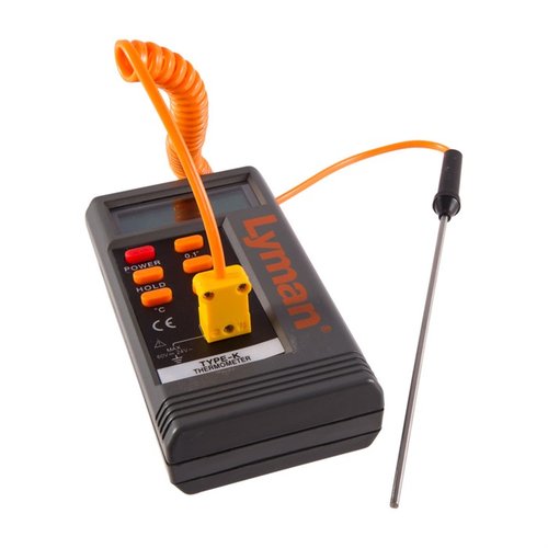 Lyman Digital Lead Thermometer offers precise temperature tracking with a 6-inch probe, measuring in Fahrenheit and Celsius, ensuring high-quality bullet casting.