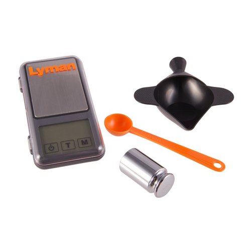 Lyman Pocket Touch Digital Scale Set: compact, precise, measures up to 1500 grains, includes funnel pan and powder scoop, powered by 2 AAA batteries with auto shutoff.