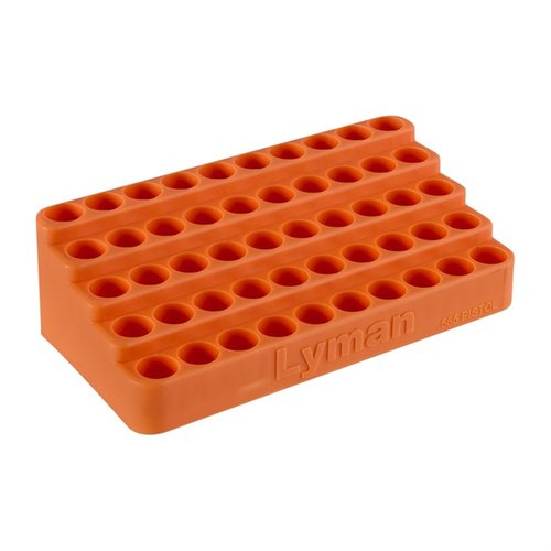 Lyman Bleacher Loading Blocks hold 50 .308 Win. cases, featuring an incline design for easy retrieval, made from tough polymer for durability.