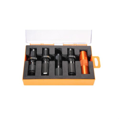 Lyman MSR Die Set for .450 Bushmaster ensures smooth feeding with Small Base Sizing Die, strong crimp with Taper Crimp Die, and includes Ammo Checker gauge.