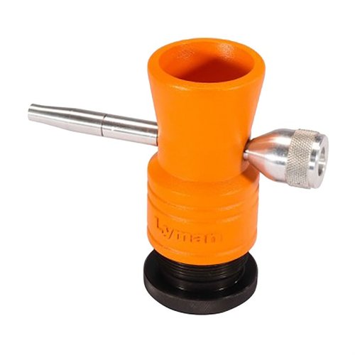 Lyman Brass Smith Powder Trickler features a static-free aluminum body, adjustable height, steel base for stability, and precision knob for accurate powder trickling.