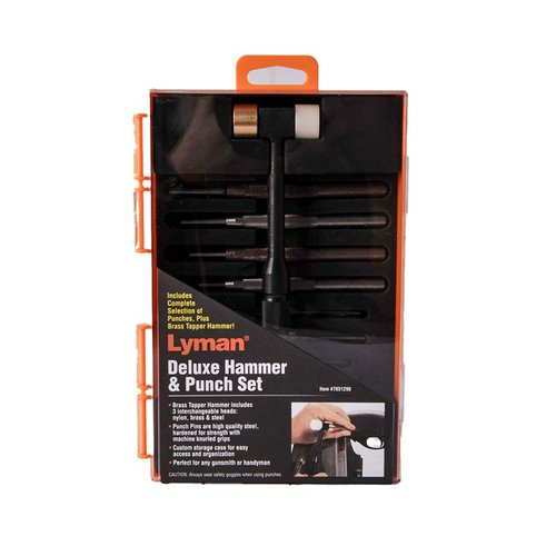 Compact DELUXE HAMMER & PUNCH SET by LYMAN features popular sized punches, a durable brass/nylon hammer, and a convenient storage block for easy access.
