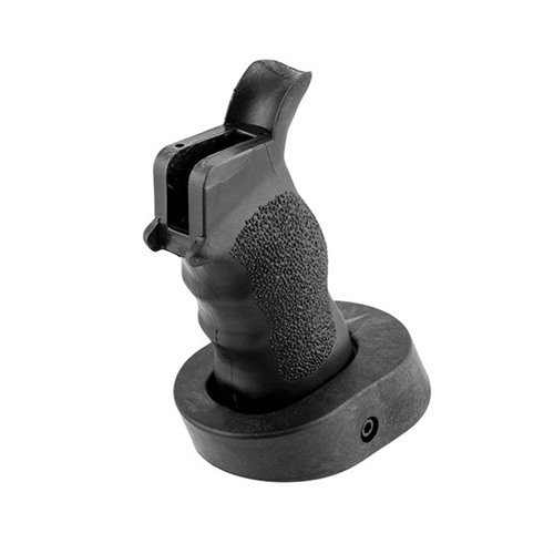 Ergo Tactical Deluxe Grip offers an ergonomic design with finger grooves, adjustable palm shelf, and textured finish for improved comfort and recoil control.