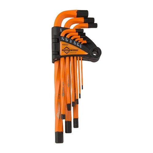 MAYHEW's 9PC Twisted Hex Key Set features superior S2 Tool Steel, longer shafts for leverage, and corrosion resistance, exceeding ANSI standards for durability.