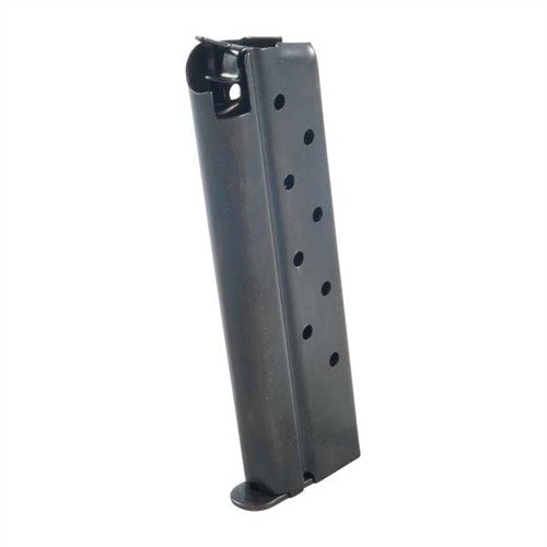 Robust 1911 9RD .38 Super magazine features blued carbon steel, flat follower for reliable feeding, and options for increased capacity with durable welded base.