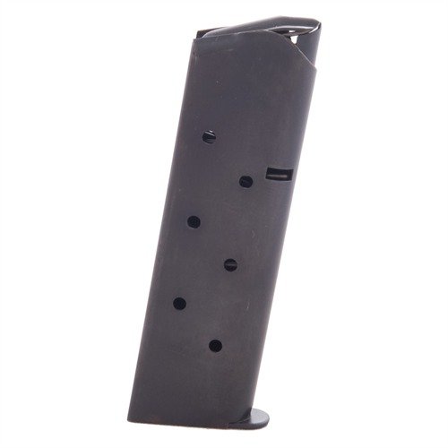 Robust U.S.-made 1911 .45 ACP magazines in blued carbon or stainless steel, featuring reliable round or flat followers for optimal feeding and increased capacity.