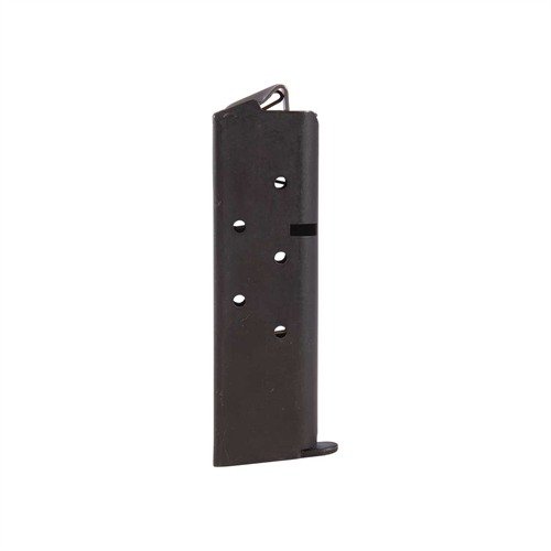Colt Government .380 7-round magazine features durable blued steel, flush fit welded base, and flat follower, compatible with Government and Mustang Plus II models.
